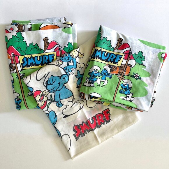 Vintage 1980s Smurf Sheet Set w Fitted Bottom + Flat Top + Pillowcase Peyo Retro - Picture 1 of 14